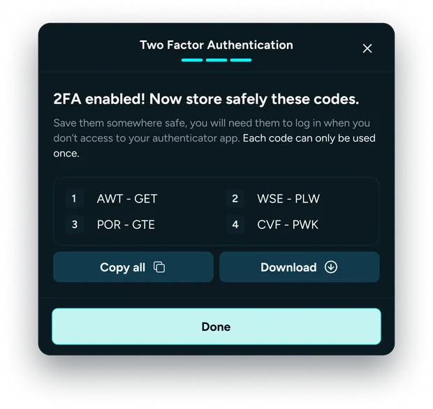 Save recovery codes after setup