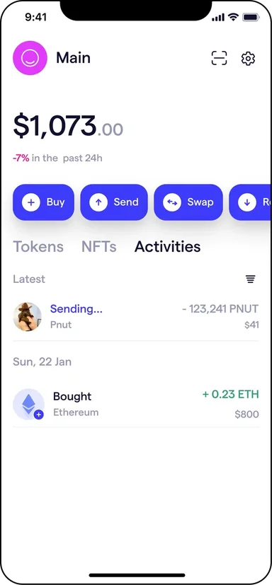 Transaction activity with pending sends and completed purchases
